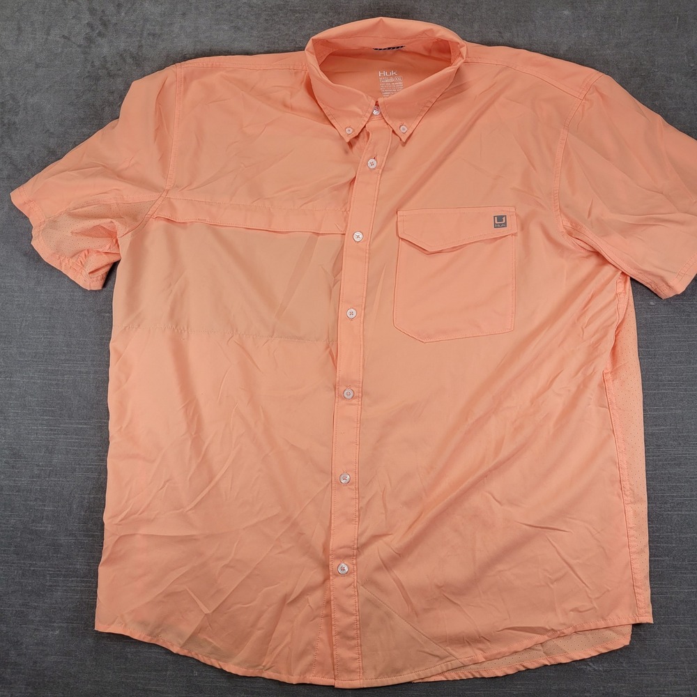 Huk Fishing Shirt Mens XXL Orange Short Sleeve Vented Button Down Performance